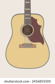 Detailed vector illustration of acoustic dreadnought style acoustic guitar in natural color