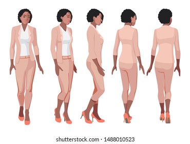 Detailed vector illustration of african american businesswoman standing in different positions isolated on white background. Turning front, profile, three-quarter, back. Female figure