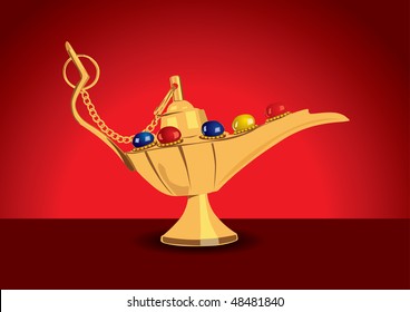 Detailed vector illustration of aladdin's magic lamp with pearls