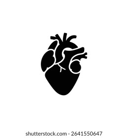 Detailed vector illustration of an anatomical heart in solid black, showcasing the aorta, pulmonary artery, left and right atria, and ventricles against a clean white backdrop.