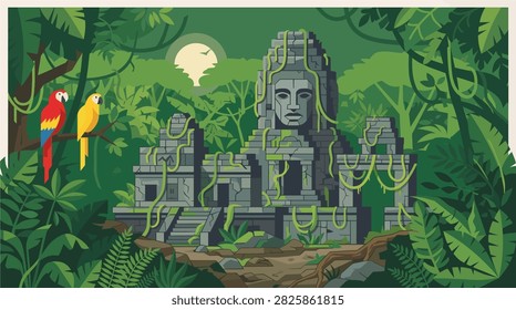 Detailed Vector Illustration of an Ancient Stone Temple Ruin Hidden Deep Within a Tropical Jungle