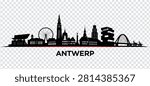 Detailed vector illustration of the Antwerp, Belgium city skyline in black silhouette. Features iconic landmarks, buildings, a Ferris wheel, and a bridge, with 