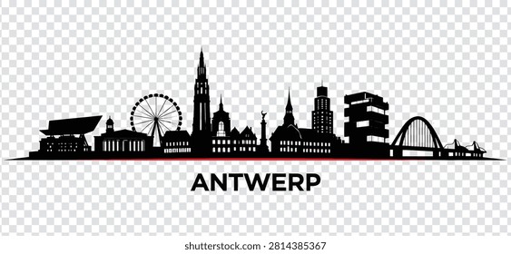 Detailed vector illustration of the Antwerp, Belgium city skyline in black silhouette. Features iconic landmarks, buildings, a Ferris wheel, and a bridge, with 'ANTWERP' text.