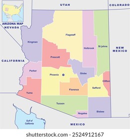 Mapa detallado de la Ilustración vectorial de Arizona Mapa del estado y del distrito con el mapa geográfico del vecino mapa de Arizona.