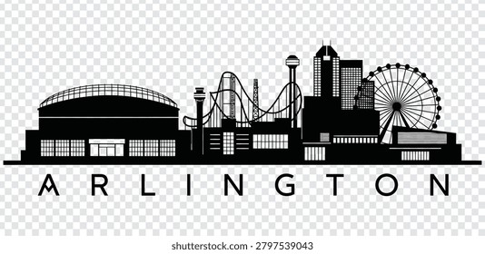 A detailed vector illustration of the Arlington, Texas city skyline featuring iconic landmarks like the stadium, amusement park rides, and observation wheel.