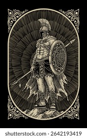A detailed vector illustration of an armored Spartan warrior with a shield and spear, framed by ornate borders and radiating light.