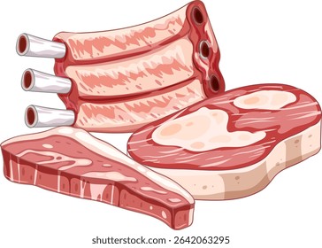 Detailed vector illustration of assorted meat cuts with vibrant colors and clean lines, ideal for culinary projects and food-related designs