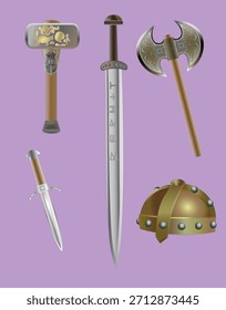   Ilustración vectorial detallada de armas vikingas auténticas de los siglos VIII-XI. Incluye hacha de batalla, espada de doble filo, martillo de guerra con decoración con incrustaciones, daga y casco de bronce con madera