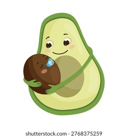 Detailed vector illustration of an avocado half holding its baby avocado seed. The scene captures a healthy and natural food concept.