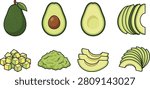 A detailed vector illustration of avocados in various forms including whole fruit, halved with seed, halved without seed, stacked slices, diced cubes, mashed guacamole, wedges, and thinly sliced fanned pieces. Perfect for recipe books, food infographics, culinary design projects, and nutrition education materials.