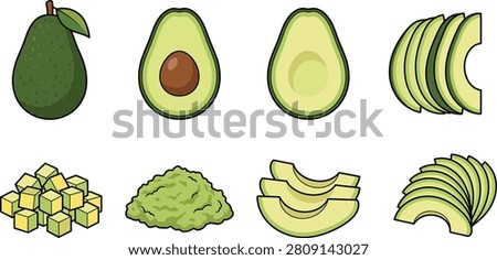 A detailed vector illustration of avocados in various forms including whole fruit, halved with seed, halved without seed, stacked slices, diced cubes, mashed guacamole, wedges, and thinly sliced fanned pieces. Perfect for recipe books, food infographics, culinary design projects, and nutrition education materials.