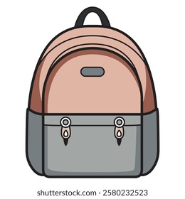 A detailed vector illustration of a backpack, featuring a sturdy design with multiple compartments, zippers, and adjustable straps. 