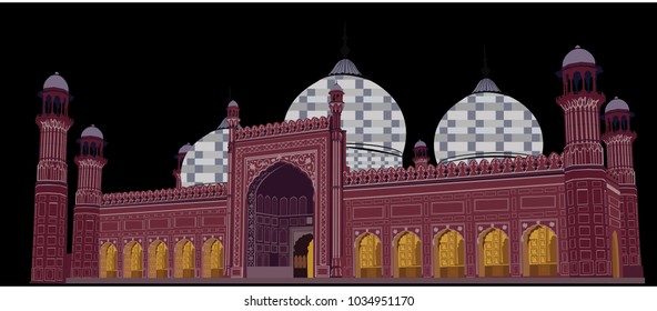 Detailed Vector / Illustration of Badshahi Masjid ( Mosque ) in black background,Lahore Punjab Pakistan