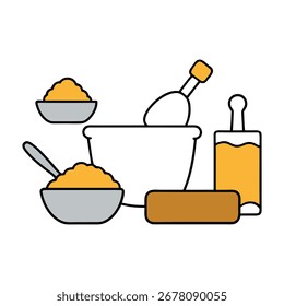 Ilustración vectorial detallada de herramientas e ingredientes para hornear en cmyk y escala de grises