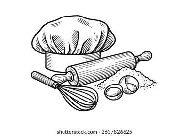 Detailed Vector Illustration of Baking Utensils with Chef Hat and Flour Ingredients