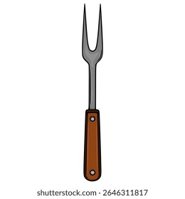 A detailed vector illustration of a barbecue fork with a brown wooden handle and two sharp prongs, isolated on a white background.