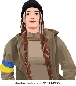 Detailed vector illustration of a beautiful military girl with two pigtails. Ukrainian patriot woman in military uniform and a blue-yellow flag on her hand