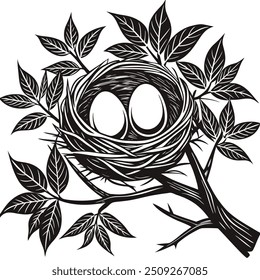 Detailed vector illustration of a bird's nest with three eggs, perfect for nature-themed designs.