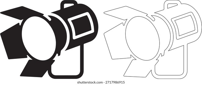 Una Ilustración vectorial detallada de una cámara negra con un soporte y su contorno sobre un fondo blanco puro, perfecto para la Fotografía y los diseños de fabricación de películas