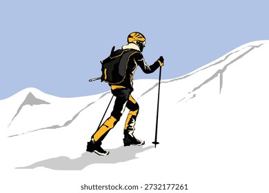 Detaillierte Vektorgrafik einer schwarz-weißen Silhouette einer Person, die auf einem schneebedeckten Berg mit winterlichem Landschaftshintergrund wandert. Dieses Design erfasst Abenteuer, Erkundung, Ausdauer und Outdoor-Lifestyle, geeignet für Poster, Bekleidung, Banner, Websites und Wintersportkonzepte.
