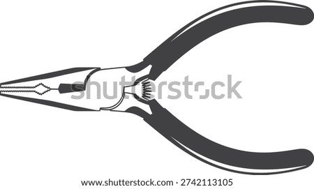 A detailed vector illustration in black and white depicting a pair of long-nose pliers. This specific type of hand tool, also known as needle-nose pliers, features long, slender jaws tapered to a point, designed for grasping, bending, and cutting small objects or wires in confined spaces. The design highlights the tool's form with smooth, curved handles and the pivot point where the jaws meet. It's a versatile tool commonly used in electronics, jewelry making, and other precision tasks.