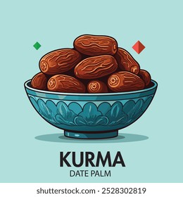 A detailed vector illustration of a blue bowl filled with fresh dates (kurma). The design includes geometric accents and modern typography, perfect for food, culture, or Ramadan-themed visuals.