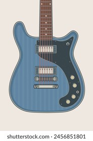 Detailed vector illustration of blue junior rare electric guitar. Created in the style of retro