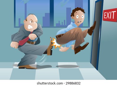 Detailed vector illustration of a boss firing his employee. Perfect for commentary and editorial use etc.