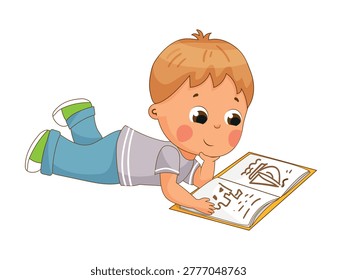 Detailed vector illustration of a boy lying on the floor, absorbed in reading a book. The scene captures a moment of quiet learning and childhood curiosity.