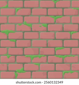 Detailed vector illustration of a brick wall covered with green moss, perfect for backgrounds, textures, and design elements