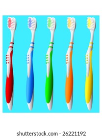 Detailed vector illustration of brightly colored toothbrushes.