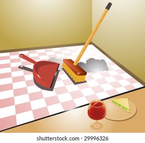 Detailed vector illustration of a broom and a dustpan cleaning a kitchen. kitchen counter.