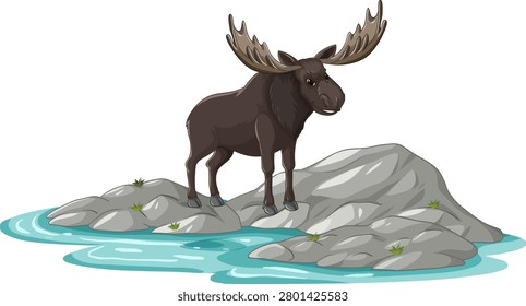 A detailed vector illustration of a bull moose standing on grey rocks near blue water
