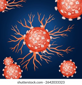 Detailed vector illustration of cancer cells with vibrant colors and intricate branching structures on a dark background