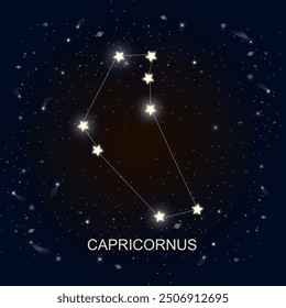 A detailed vector illustration of the Capricorn zodiac constellation, set against a cosmic starry night background. Ideal for astrology designs, horoscope themes, and celestial-inspired projects.