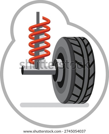 A detailed vector illustration of a car suspension system featuring a red coil spring, vertical shock absorber (damper), and wheel assembly. This design represents vehicle stability, shock absorption, and smooth ride performance, making it ideal for automotive repair services, mechanical workshops, and transportation-related graphics.