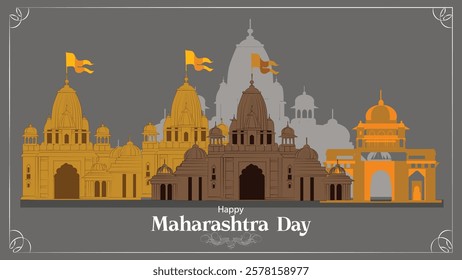 A detailed vector illustration celebrating Maharashtra Day, showcasing iconic temples and historical structures in a harmonious composition. 