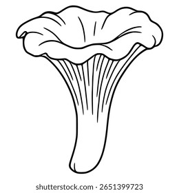 A detailed vector illustration of a chanterelle mushroom, featuring a unique, hand-drawn style with bold outlines and intricate details in the cap and stem, perfect for culinary or nature-themed de...