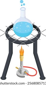 A detailed vector illustration of a chemistry experiment setup featuring a boiling flask on a tripod stand with a Bunsen burner below. The scene showcases bubbles rising in the flask.