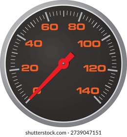 A detailed vector illustration of a circular car speedometer dial with a black background, bold red numeric markings, and a needle indicating speed. Ideal for automotive-themed designs, digital dashboards, performance monitoring interfaces, or vehicle graphic projects.
