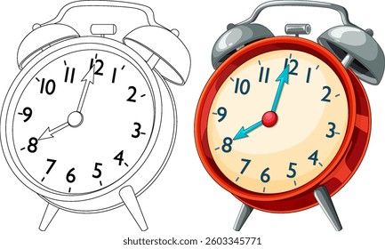A detailed vector illustration of a classic alarm clock, featuring vibrant colors and a black-and-white outline version
