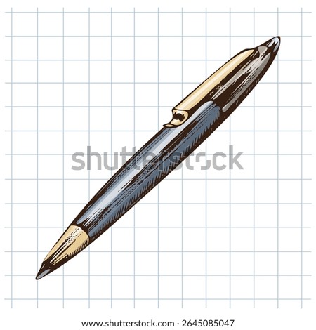 Detailed vector illustration of classic ballpoint pen with golden clip in hand drawn retro style. Isolated on squared grid notebook background with pastel blue accents.