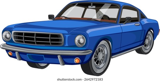Detailed vector illustration of a classic blue car with sleek lines and realistic shading, capturing vintage automotive design