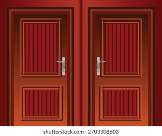 A detailed vector illustration of a classic double wooden door featuring rich brown tones, vertical grooves, and decorative raised panels. The design showcases realistic wood texture, clean lines