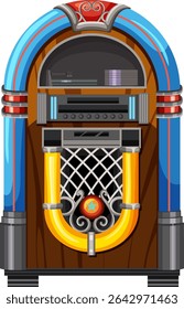 Detailed vector illustration of a classic jukebox, featuring bright colors and intricate design elements, ideal for vintage-themed projects
