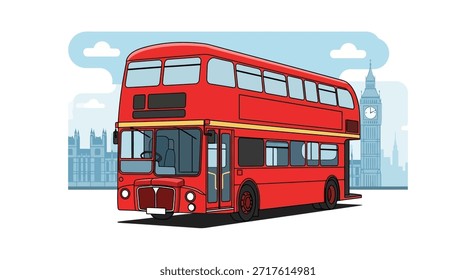 Ilustración vectorial detallada de un clásico autobús rojo de dos pisos con el horizonte de Londres como telón de fondo, incluido el Big Ben. La Imagen captura la esencia del transporte de Londres y