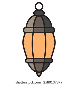 A detailed vector illustration of a classic street lamp, featuring an elegant metal pole with an ornate lantern emitting a warm glow. 