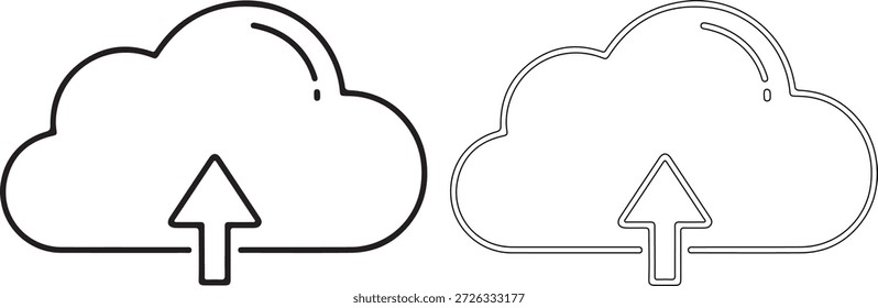 Ilustración vectorial detallada de una nube con una flecha que carga datos, uno llenado y uno delineado, sobre un fondo blanco puro con Elementos de diseño simples