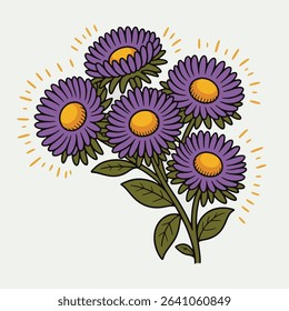 A detailed vector illustration of a cluster of asters in full bloom, featuring multiple purple flowers with yellow centers and green leaves
