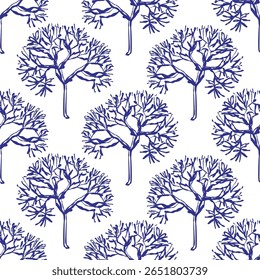 Ilustração vetorial detalhada de recifes de corais coloridos e pólipos. A cena subaquática captura biodiversidade marinha e vida aquática tropical em um estilo decorativo desenhado à mão.